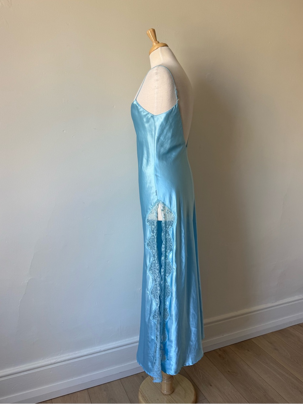 La Senza Blue Satin Slip Dress Y2K Lace Trim Maxi Nightgown Size M - Picture 2 of 9